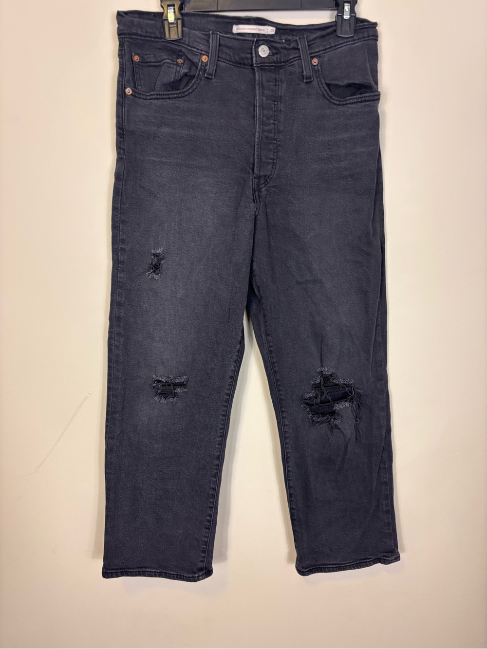 Levi's Black High Rise Distressed Ribcage Distressed Straight Ankle Jeans 31